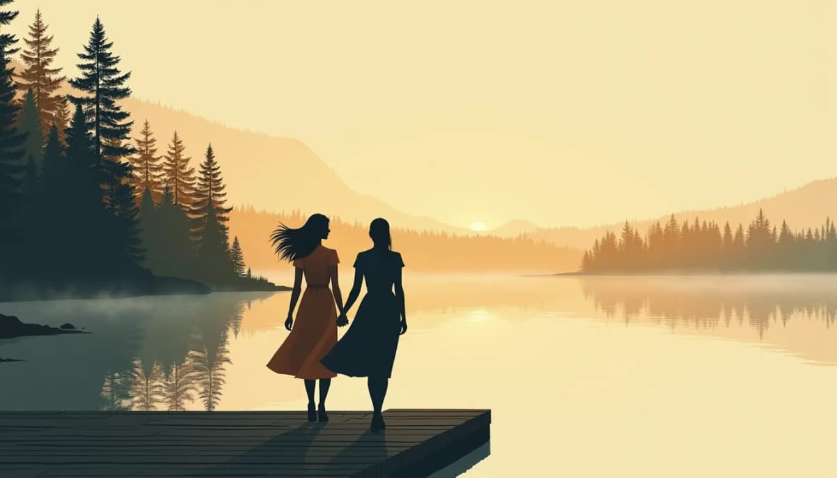 Couple de dos sur un ponton en bois devant un lac au petit matin