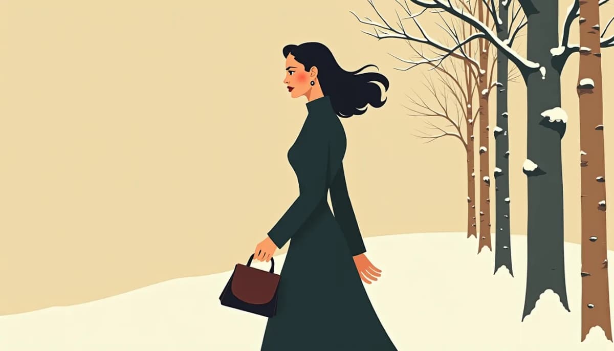 Femme marchant dans la neige le long d'un bosquet de bouleaux