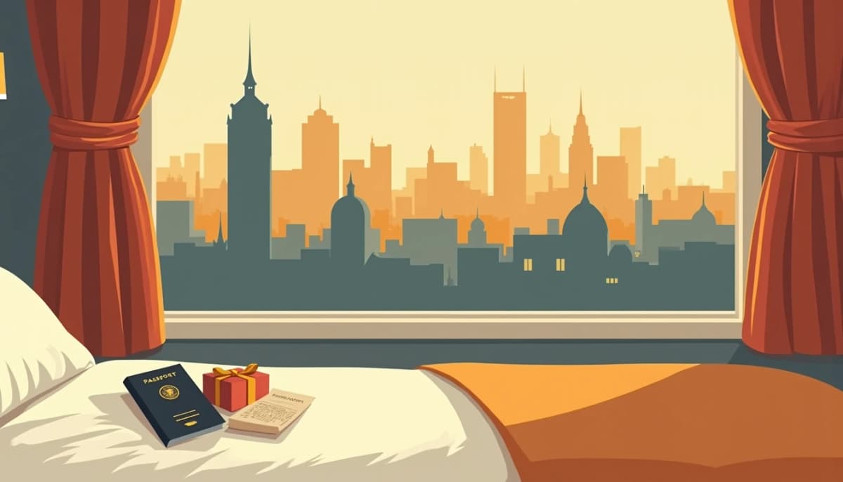 Passeport, carte d’embarquement et petit coffret cadeau posés sur un lit d’hôtel