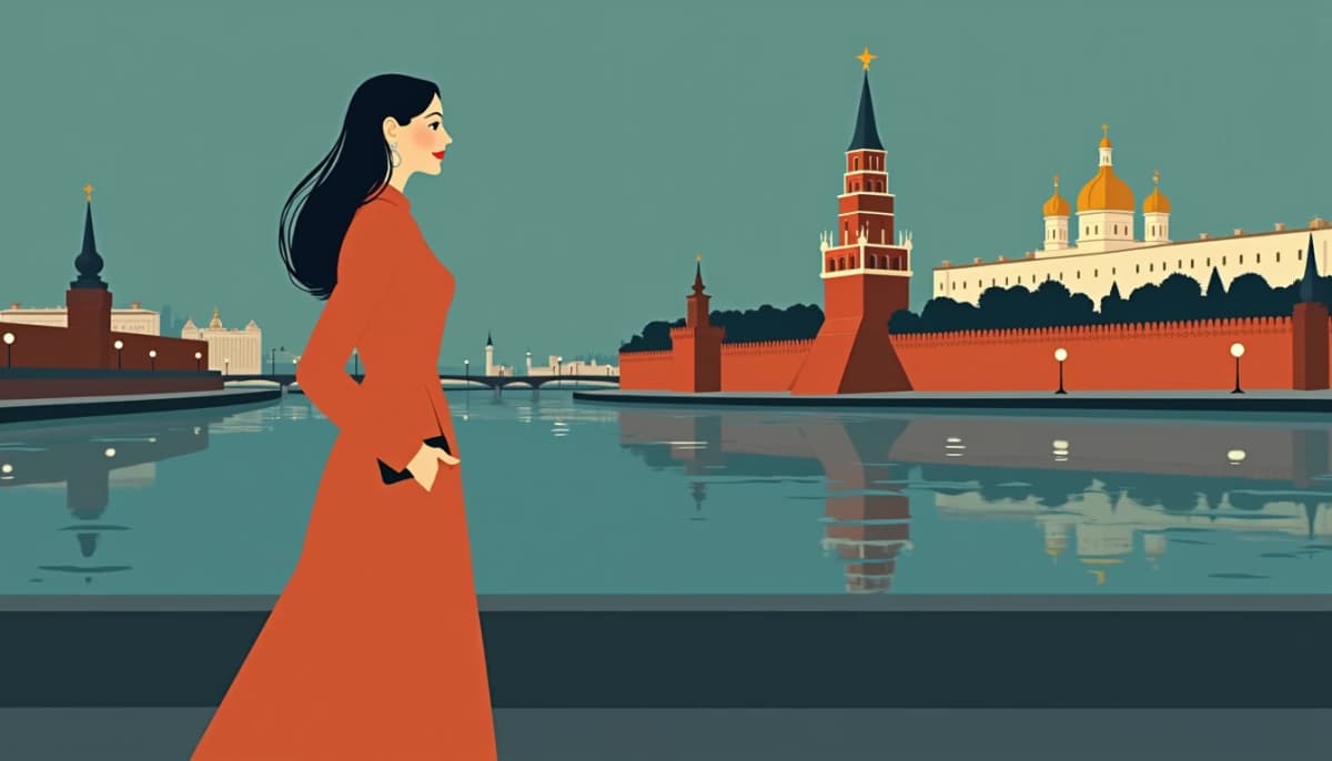 Femme russe marchant sur un quai de la Moskova au crépuscule, le Kremlin derrière elle