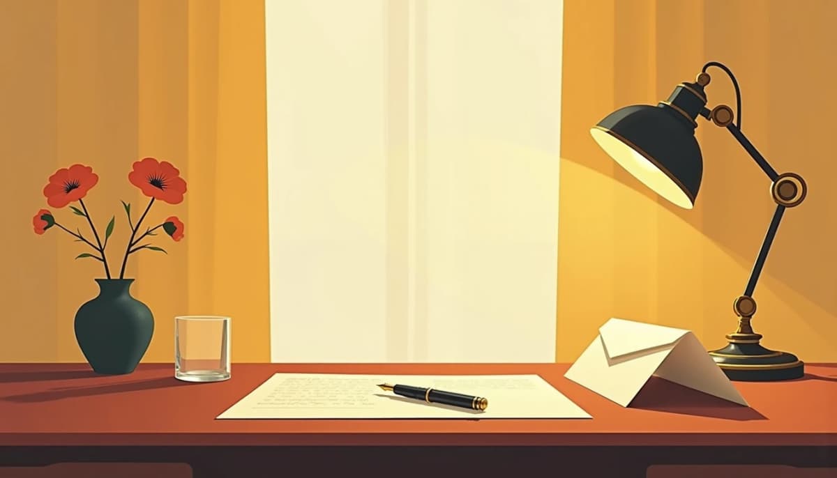 Lettre manuscrite, enveloppe ouverte et stylo plume sur un bureau en bois