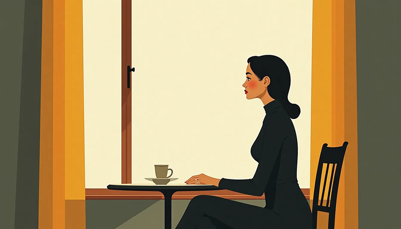 Femme seule à une table de café, près d'une fenêtre