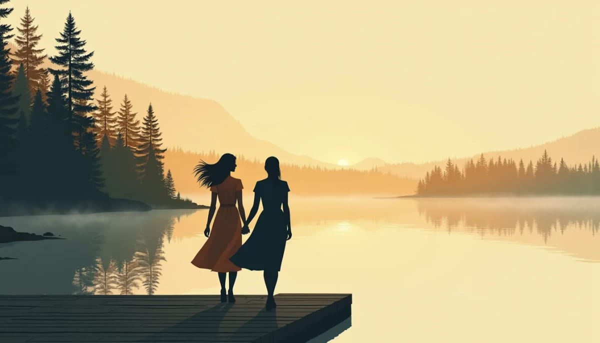 Couple de dos sur un ponton en bois devant un lac au petit matin