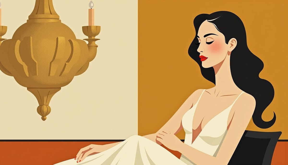 Femme russe attentive au réseau social d'un homme, illustration mid-century
