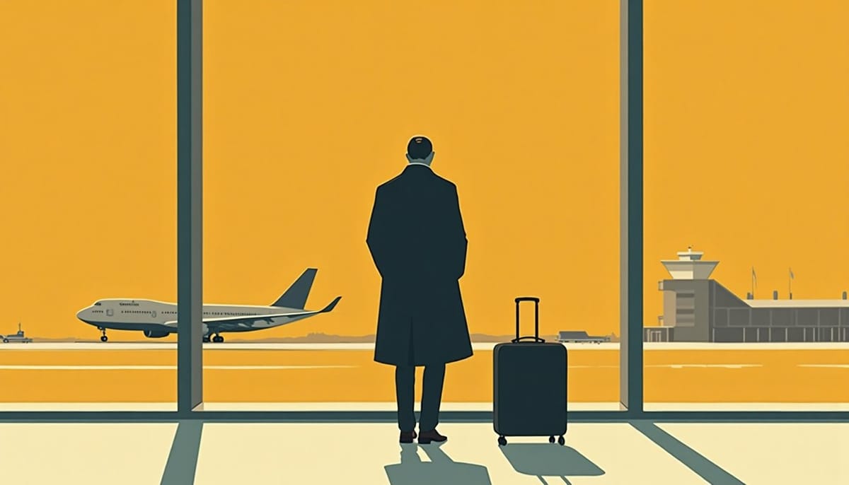 Homme de dos devant une baie vitree d'aeroport, avion au loin
