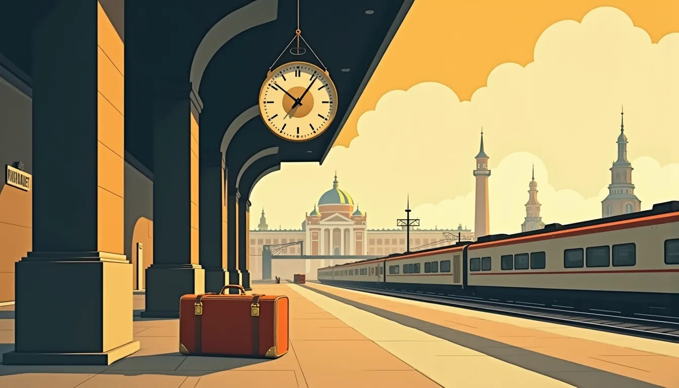Valise en cuir seule sur un quai de gare à l'aube