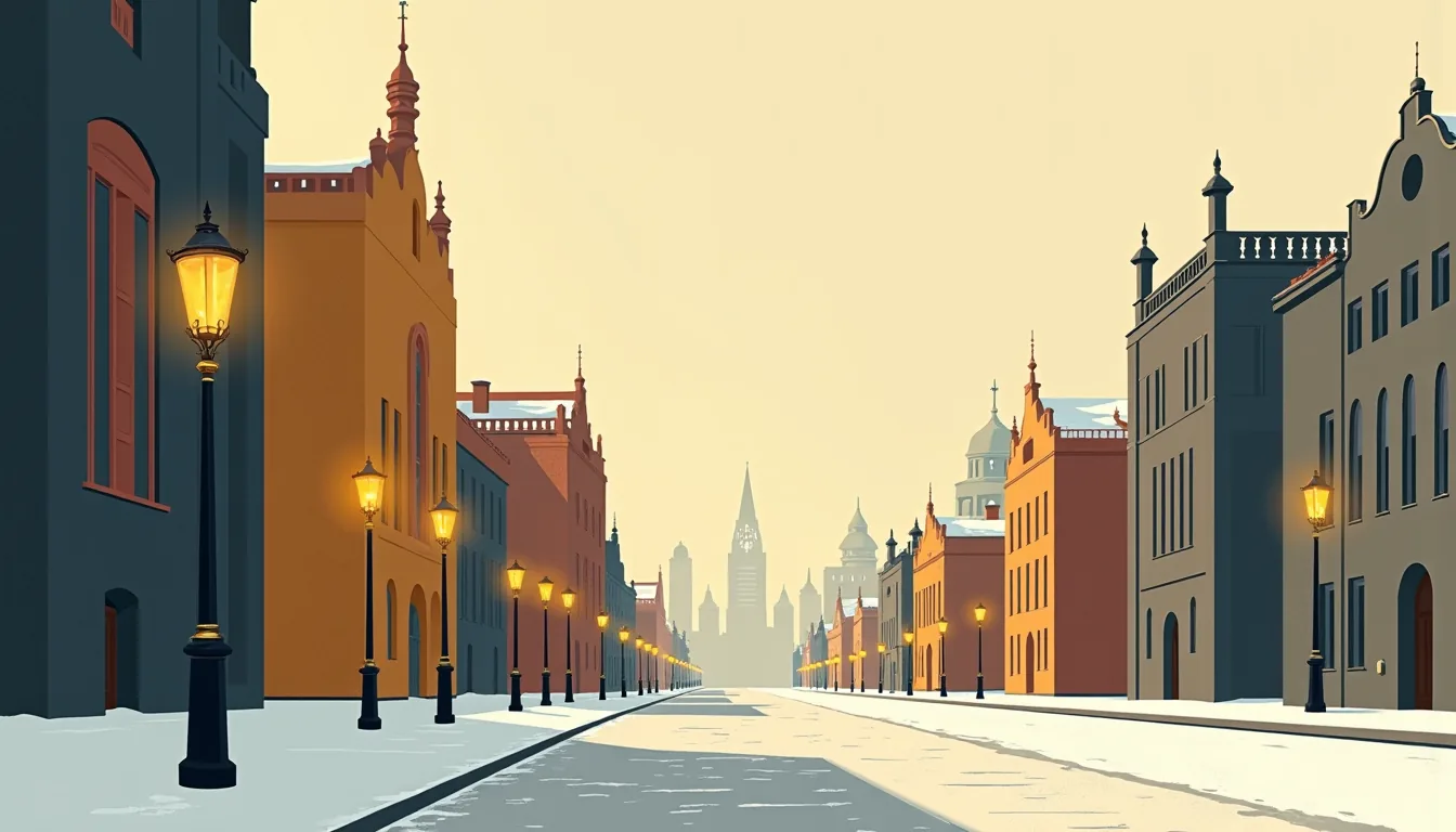 Boulevard moscovite désert à l'aube, réverbère et façades anciennes