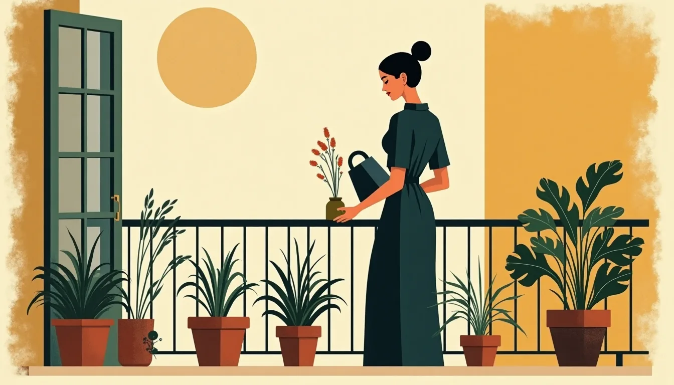 A woman watering plants on a balcony in a dressing gown