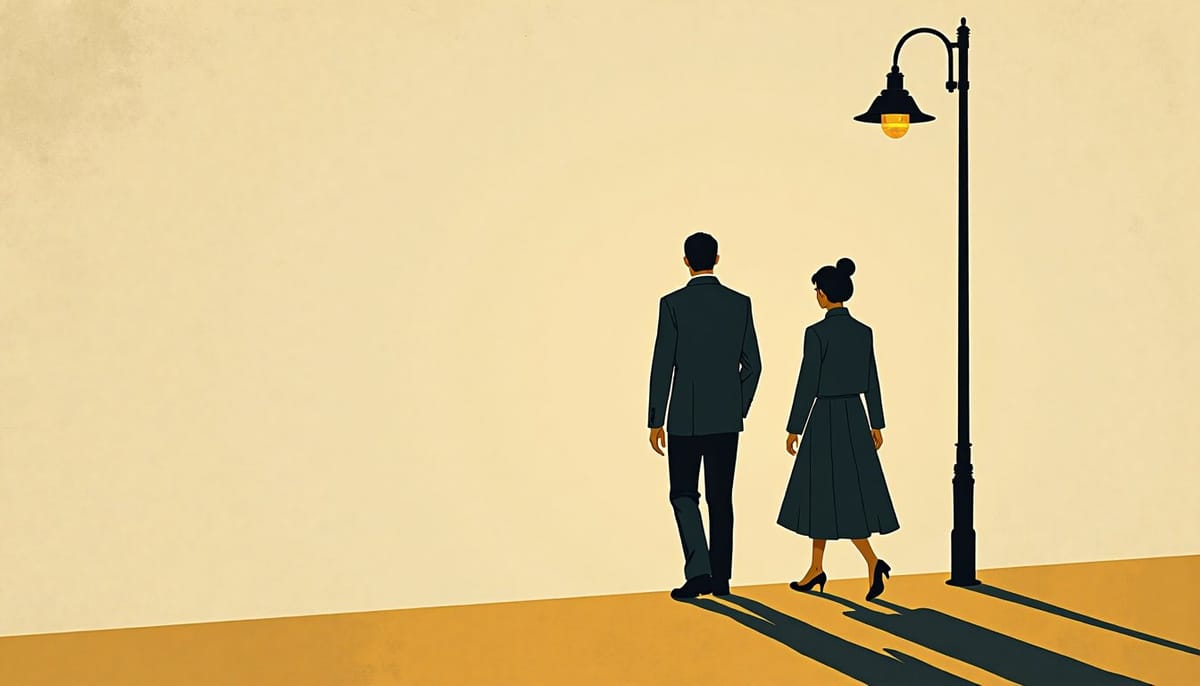 Two figures walking home under street lamps