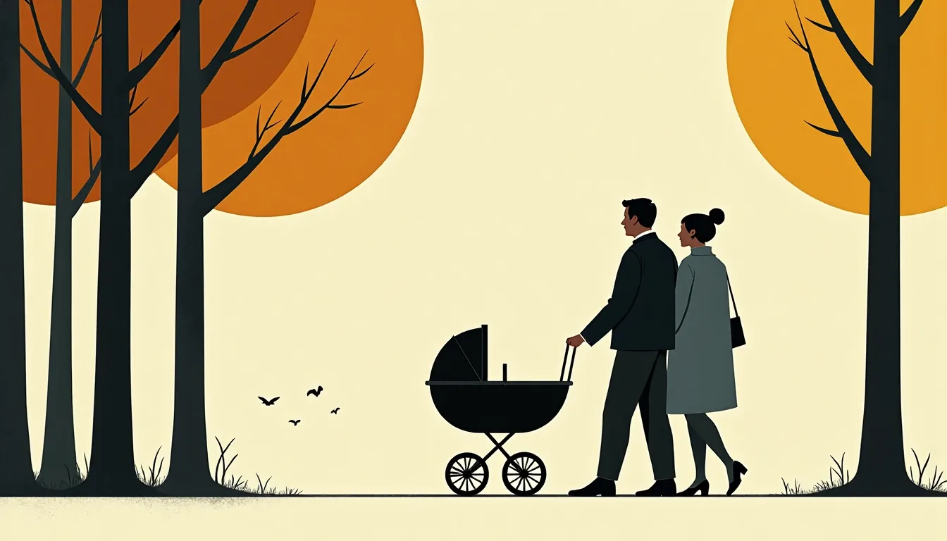 A couple with a pram on a tree-lined avenue