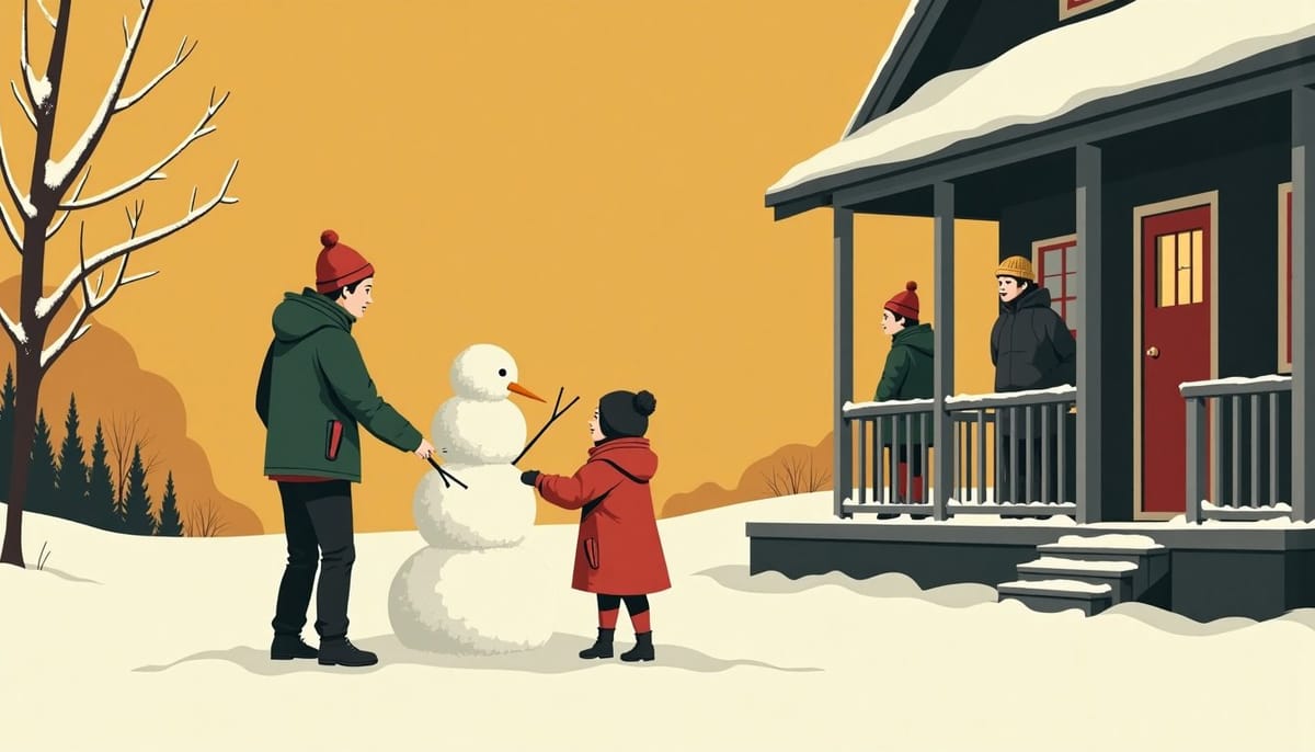 Children building a snowman while adults watch from a porch