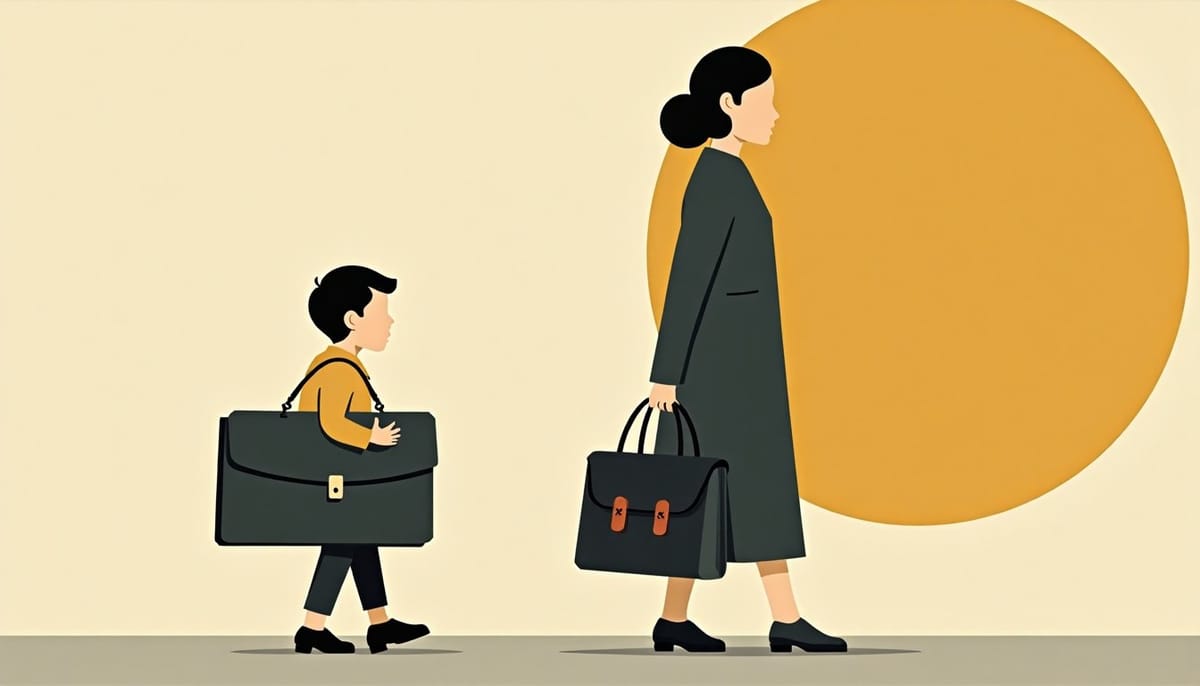 A first day of school: a child with an oversized satchel