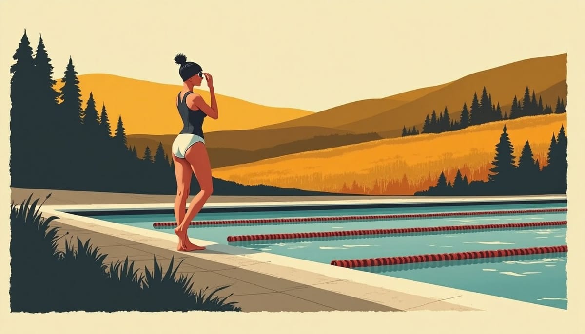 A swimmer adjusting her cap at the edge of a pool