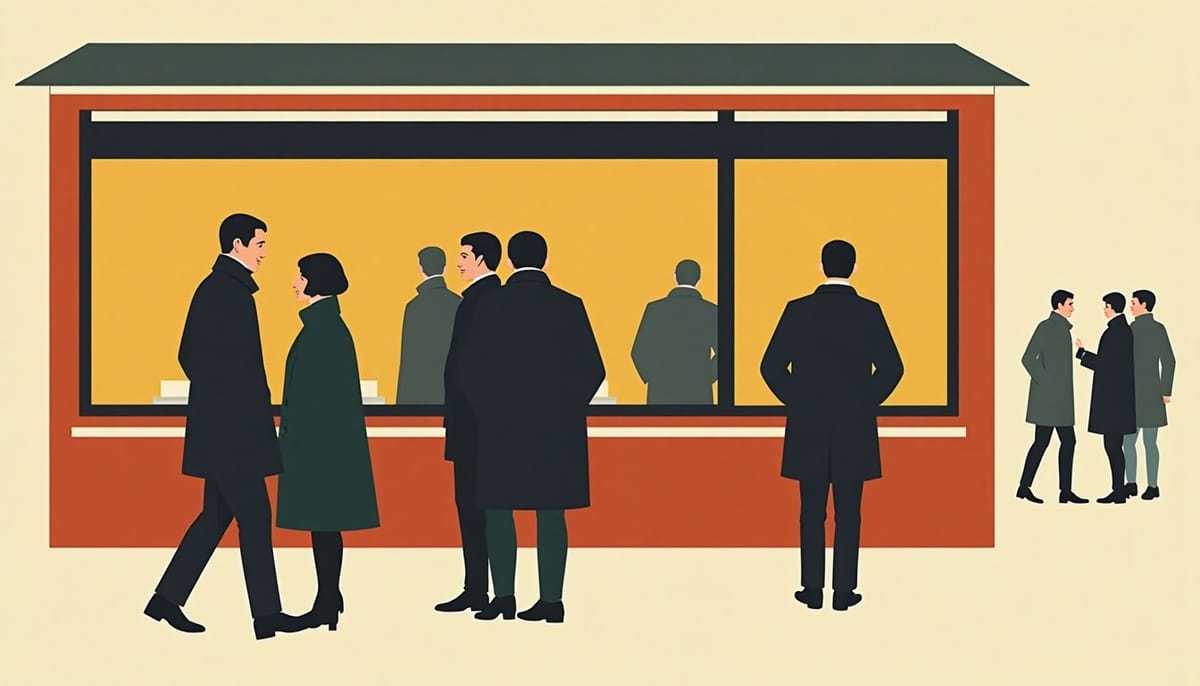 A queue at a kiosk window