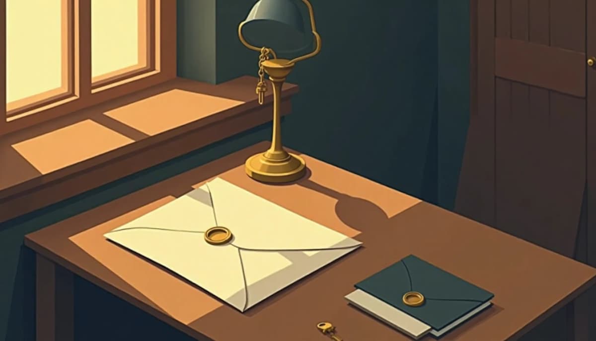 Enveloppe cachetée, clé de laiton et lampe de bureau sur une table en bois