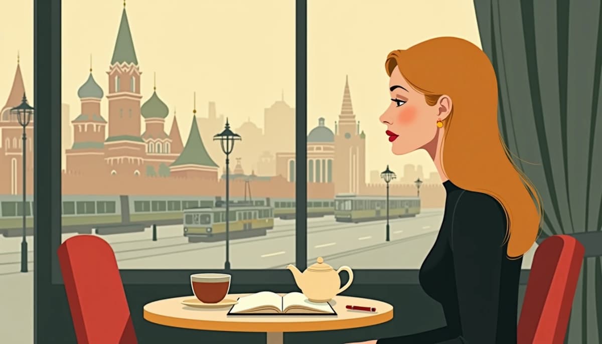 Femme russe à une table de café à Moscou, carnet ouvert et théière — questions fréquentes