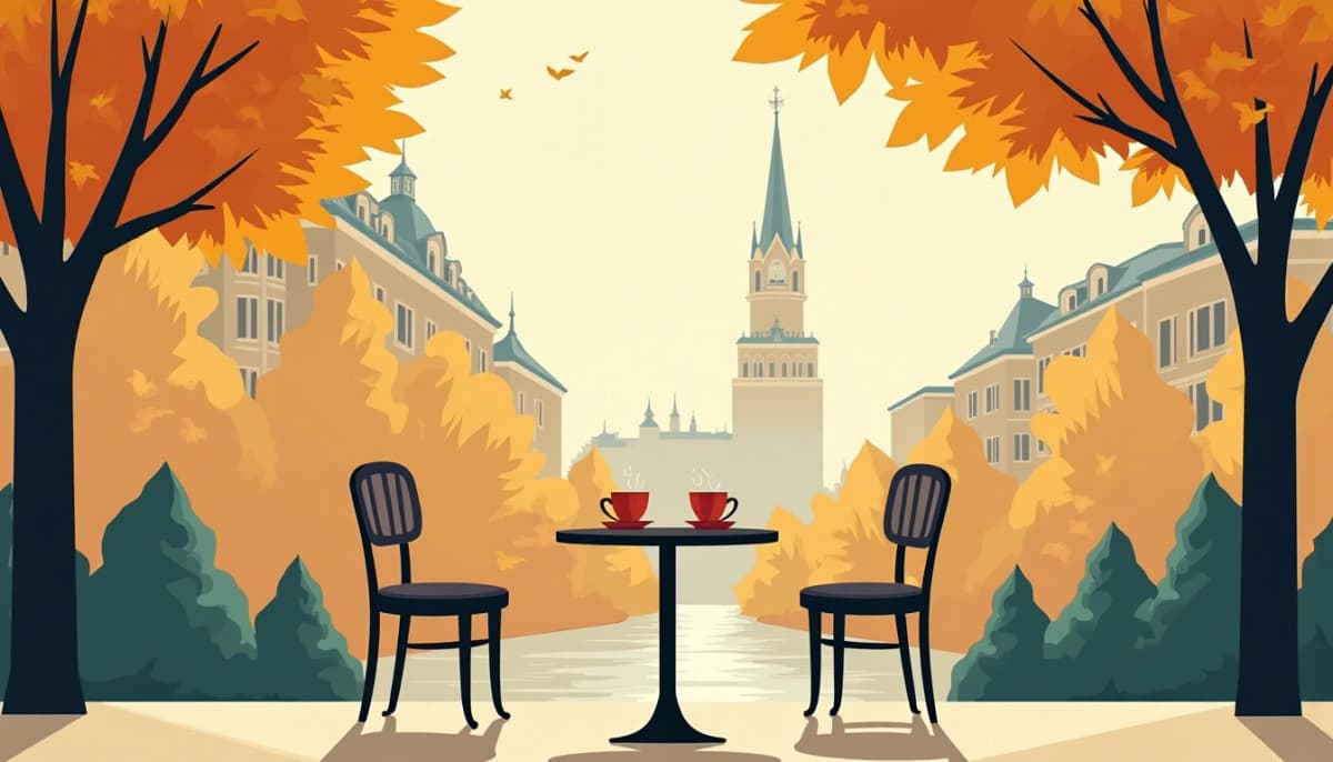 Table de café dressée pour deux sur un boulevard de Moscou, deux tasses face à face