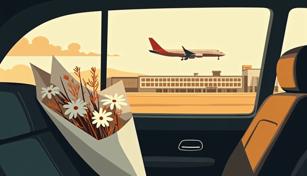 Bouquet of white flowers on the back seat of a car, an airport terminal through the window