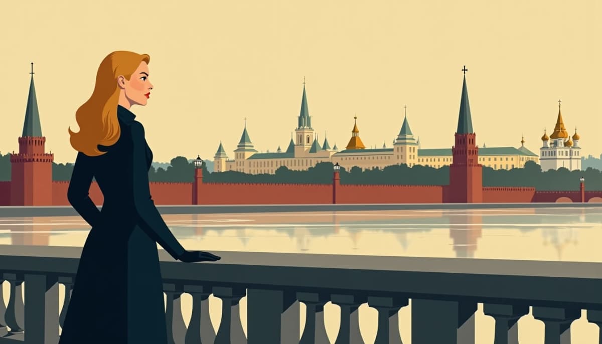 Russian woman standing on a bridge over the Moskva river at dusk, the Kremlin behind her